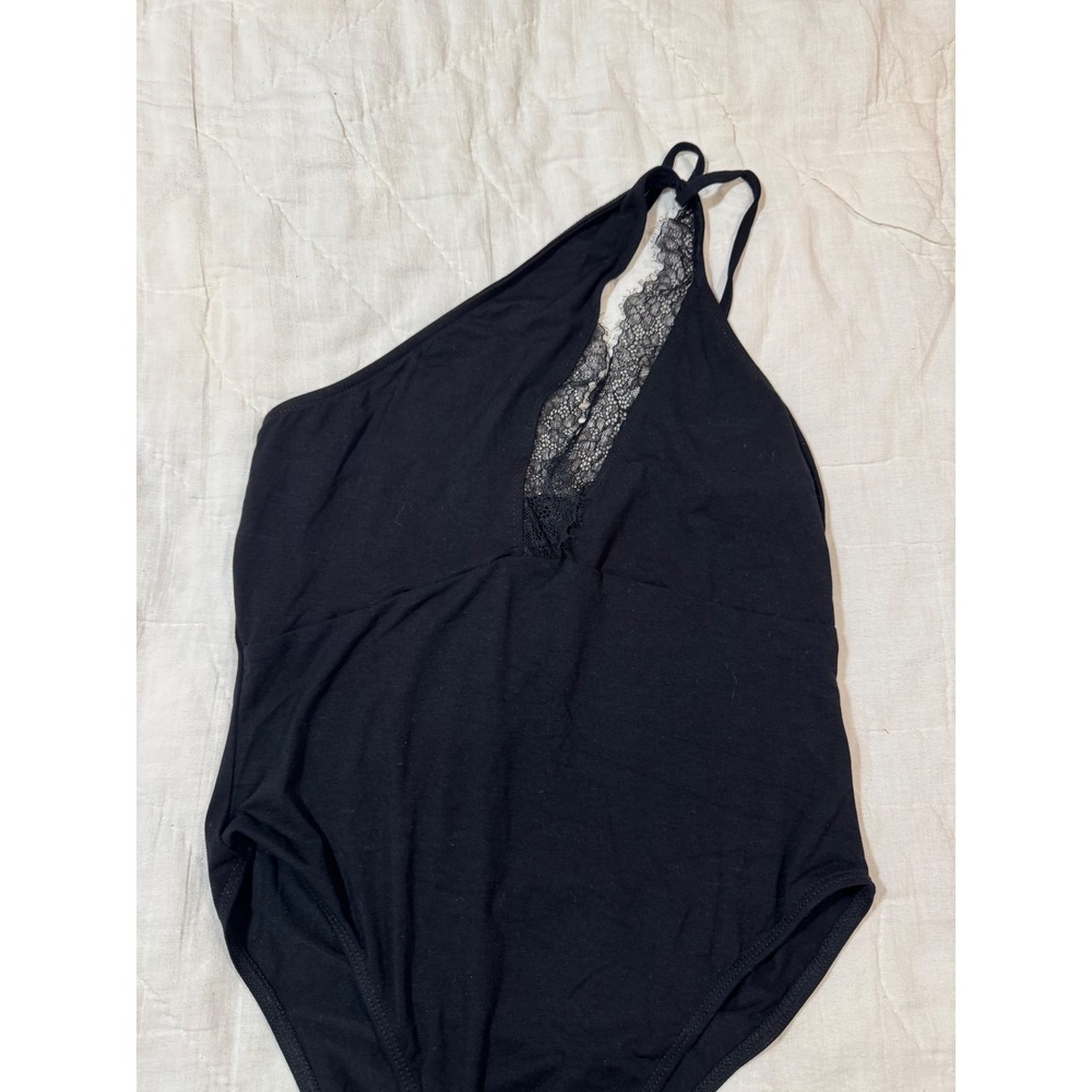 One Shoulder Lace Cutout Bodysuit Black Size M Asymmetrical Snap Closure Shein